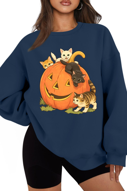 Women Fall Halloween Cat Pumpkin Oversized Sweatshirt
