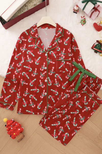 Women's Christmas Pink Striped Open Collar Pajama Set