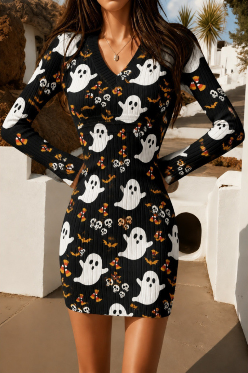 Women Fall Halloween Pumpkin Ribbed Bodycon Mini Dress