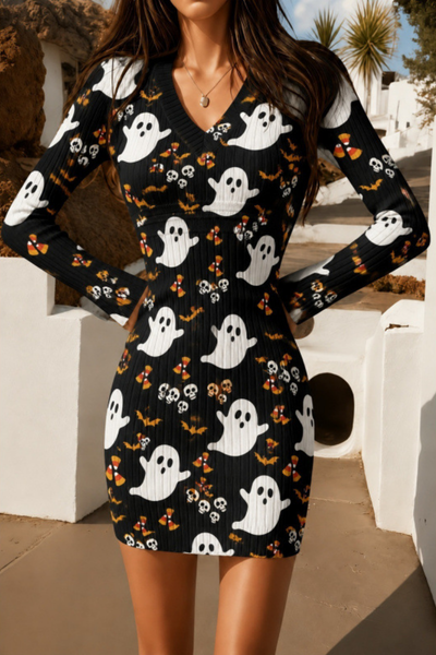 Women Fall Clothing Halloween Pumpkin Ribbed Bodycon Dress
