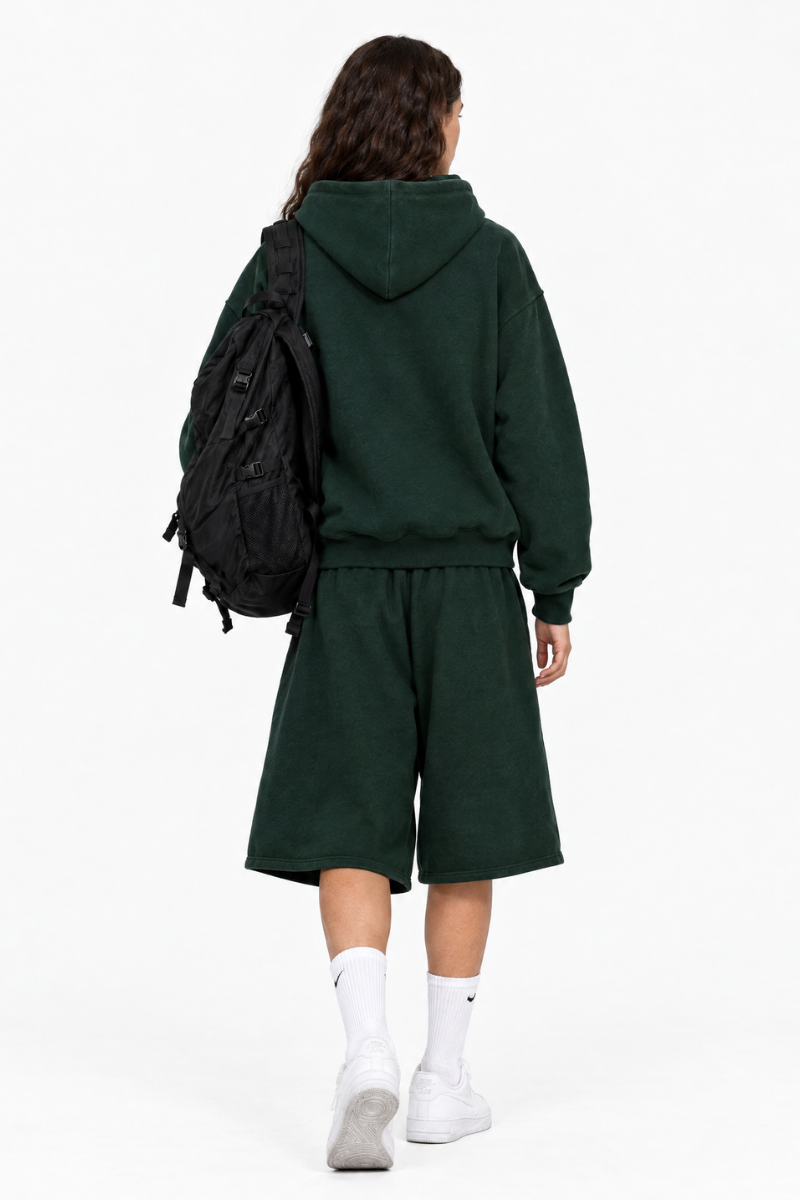 Women's Loose American Casual Zip Hoodie  Mid Shorts Set
