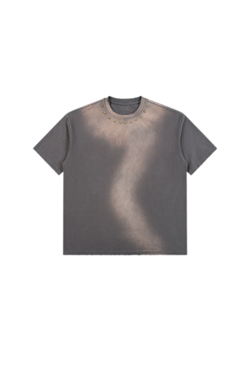 Men's Summer 260g Retro Washed Rivet Distressed Fade Tee