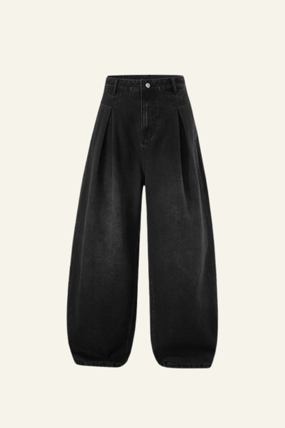 Men's Streetwear Washed Vintage Pleated  Wide Leg Jeans