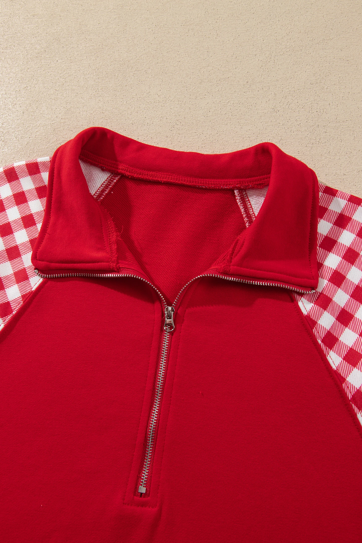 Women Winter Christmas Gingham Half Zip Top Shorts Set