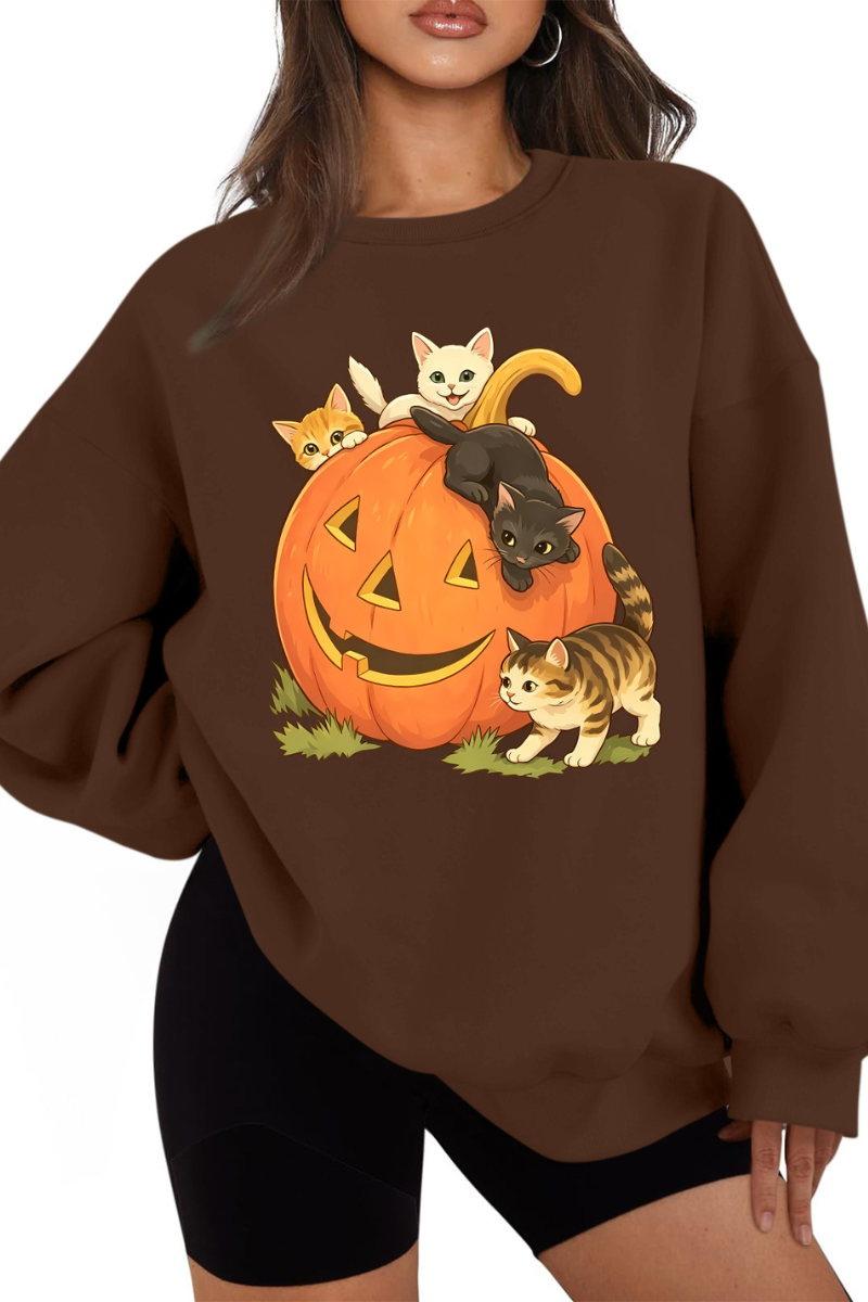 Women Fall Halloween Cat Pumpkin Oversized Sweatshirt