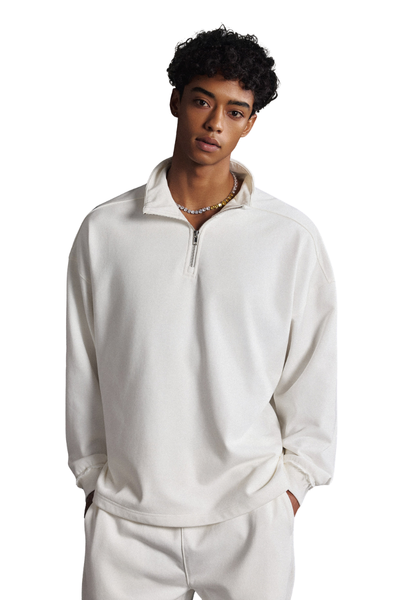 Men's Summer 450g Half Zip Raw Edge StandCollar Sweatshirt