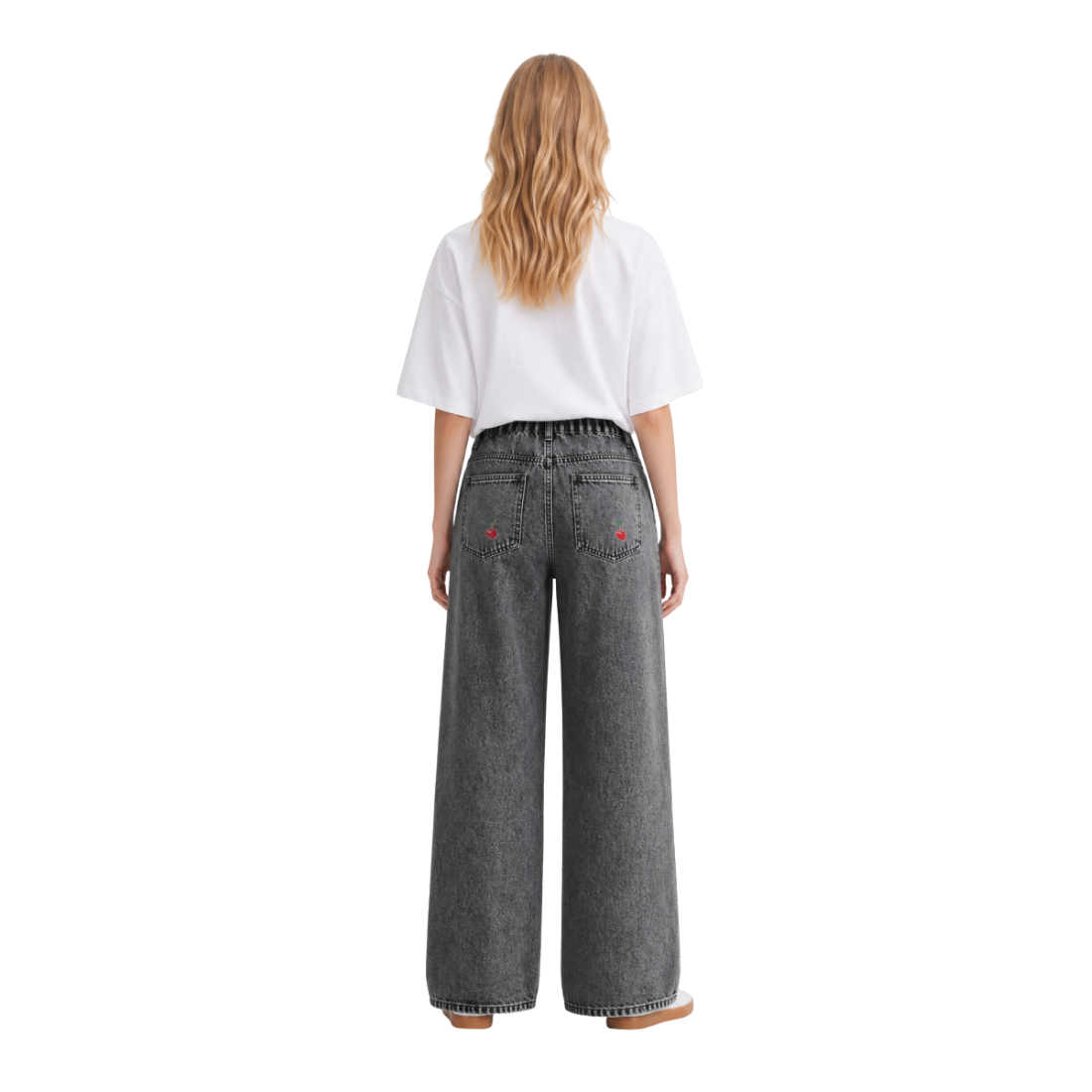 Women's High Waist Cherry Embroidered Wide Leg Jeans