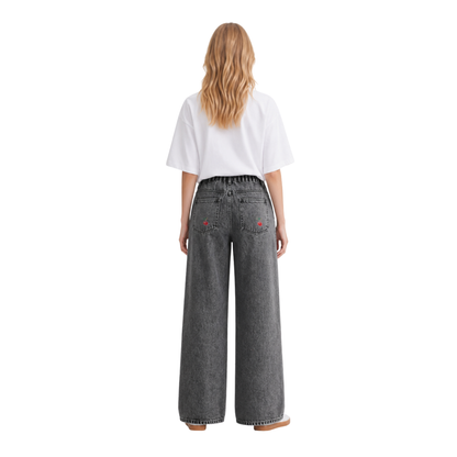 Women's High Waist Cherry Embroidered Wide Leg Jeans