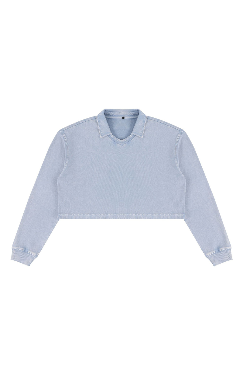 Women Fall Clothing Snow Washed Collared Crop Sweatshirt