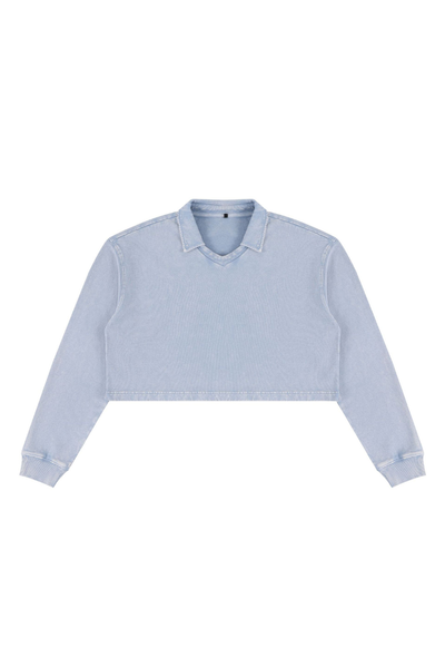 Women Fall Clothing Snow Washed Collared Crop Sweatshirt