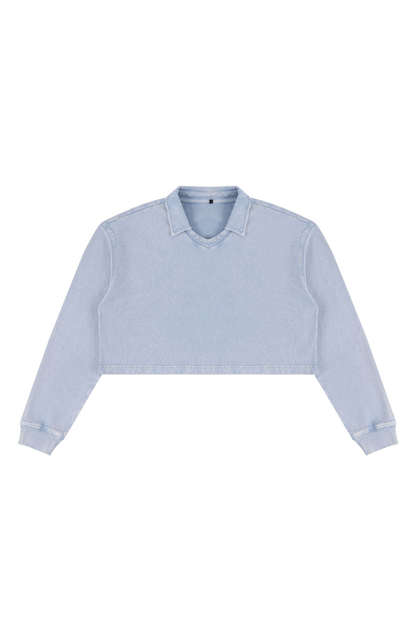Women Fall Clothing Snow Washed Collared Crop Sweatshirt