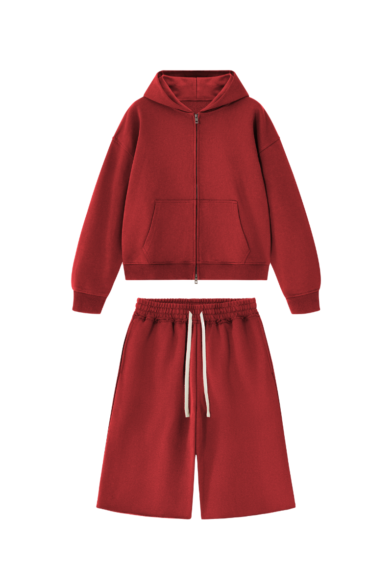 Women's Loose American Casual Zip Hoodie  Mid Shorts Set