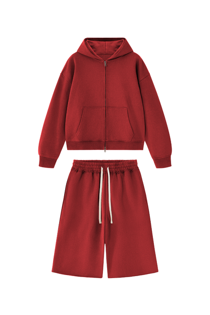 Women's Loose American Casual Zip Hoodie  Mid Shorts Set