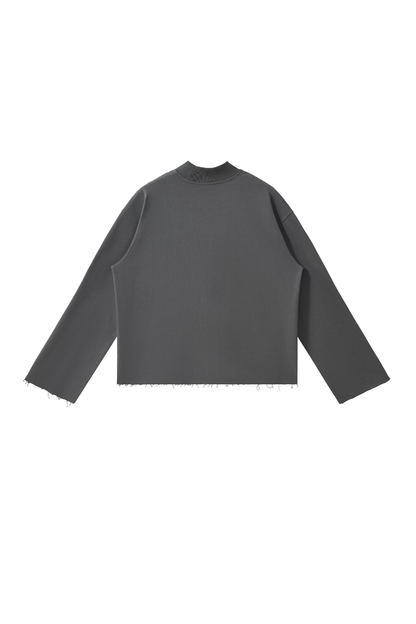 Women Fall Boxy Frayed Hem Mock Neck Long Sleeve Top