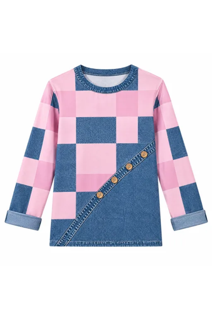 Women Fall Clothing Denim Plaid Patchwork Sweatshirt