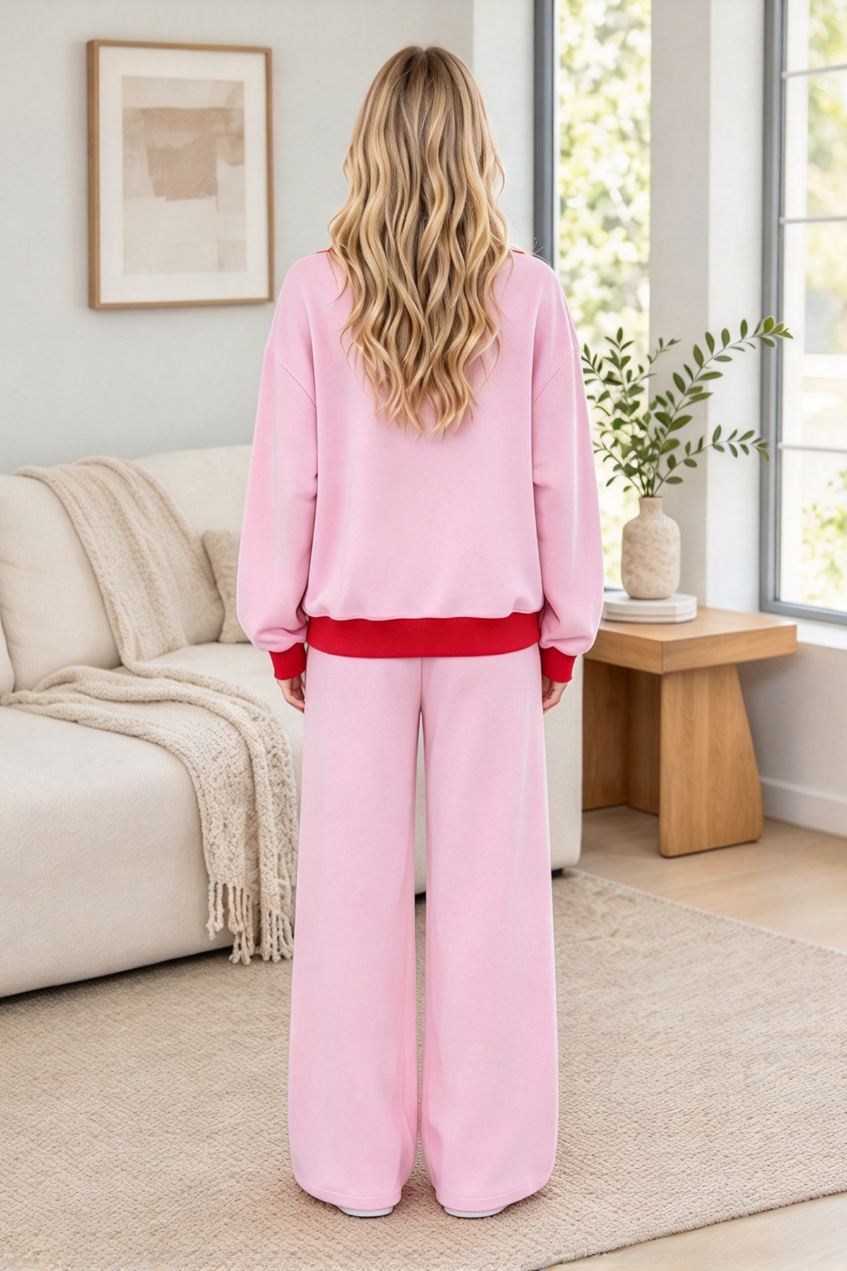 Women's Fall Color Trim Drawstring Loose 2 Piece Set