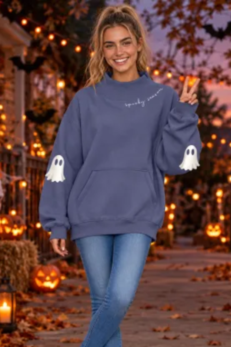Women Fall Clothing Halloween Ghost Mock Neck Sweatshirt