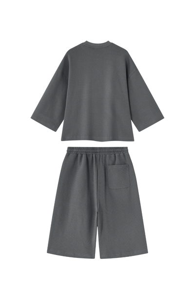 Men Spring Waffle Knit Loose Casual Top and Shorts Set