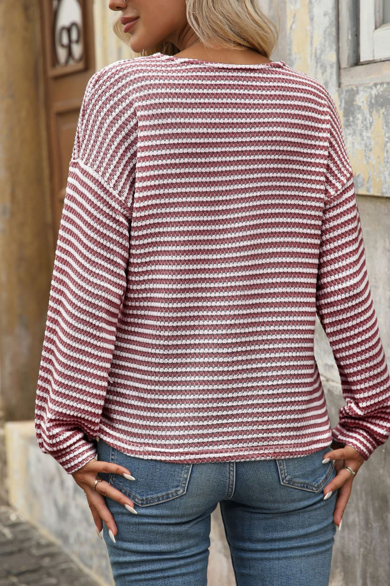 Women Spring Striped Button V Neck Long Sleeve Top