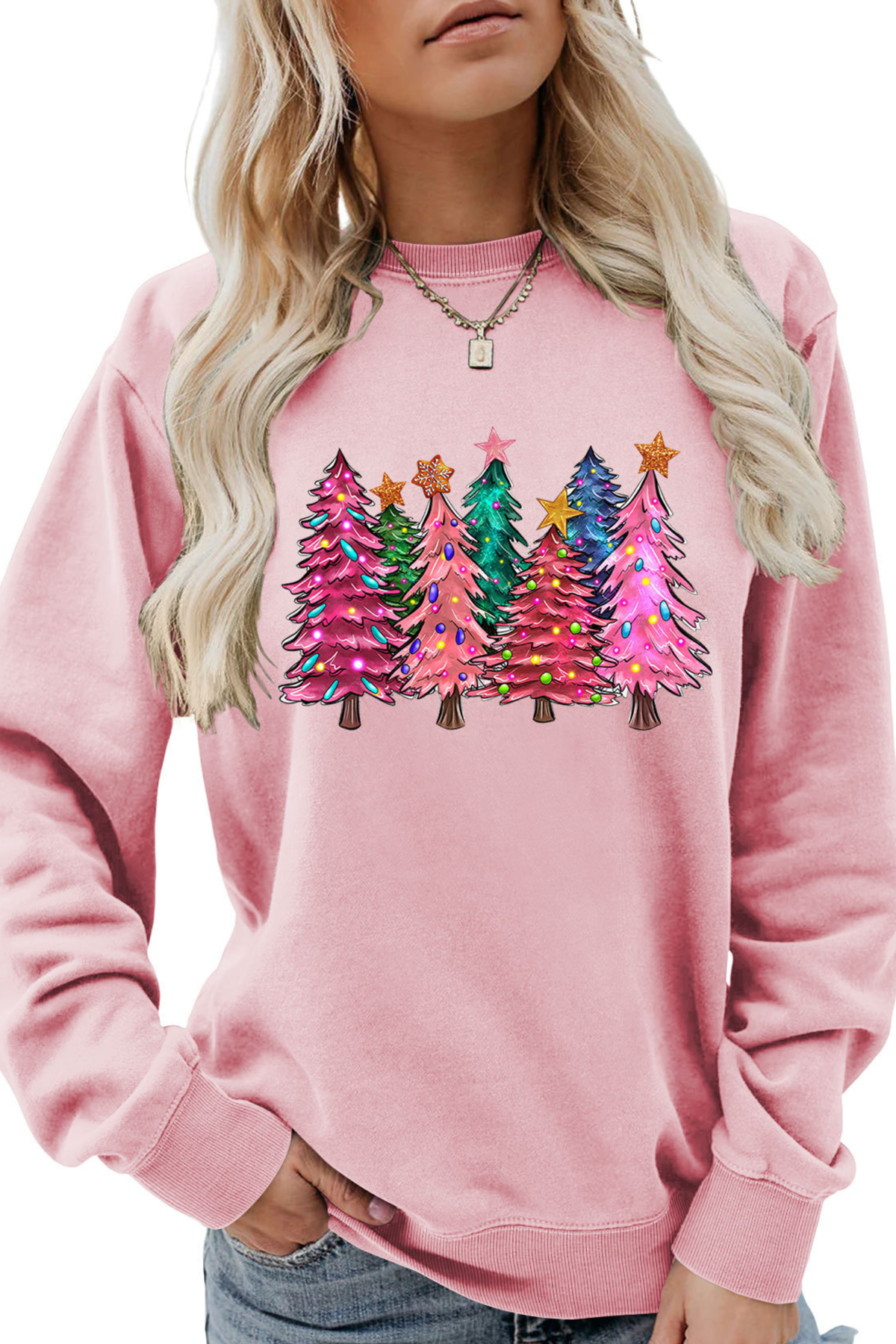 Women's Fall Christmas Tree Graphic Print Crew Sweatshirt