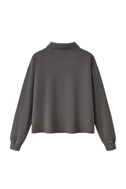 Women Fall Snow Wash Polo Collar Cropped Sweatshirt