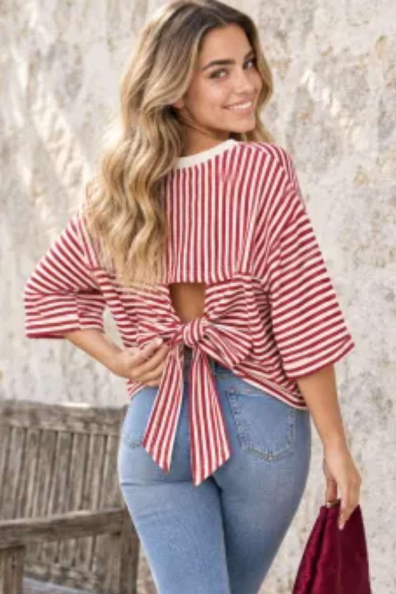 Women Spring/Summer Striped Back Tie Relaxed Blouse