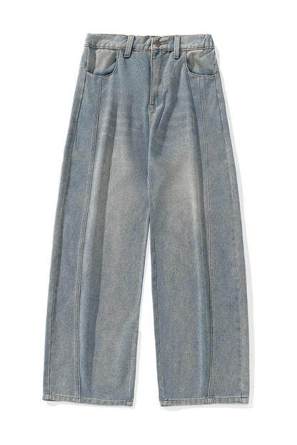 Men's Spring  Vintage Washed Panel Curved Loose Jeans