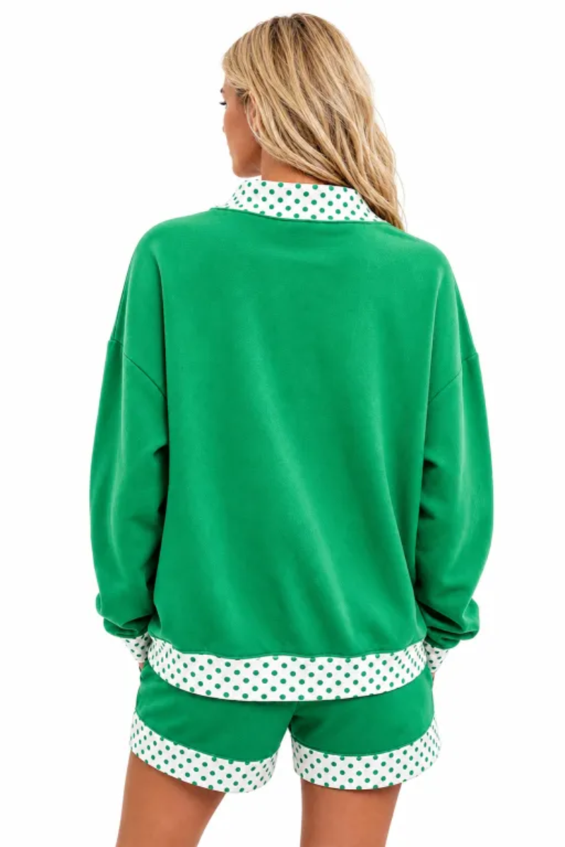 Women Fall Polka Dot Mock Neck Sweatshirt Shorts Set