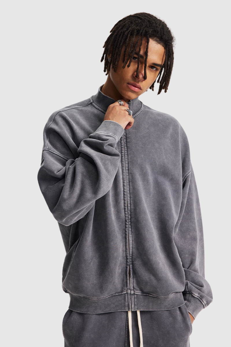 Men's Cotton Streetwear Wax-Dyed Washed Stand Collar Distressed Jacket