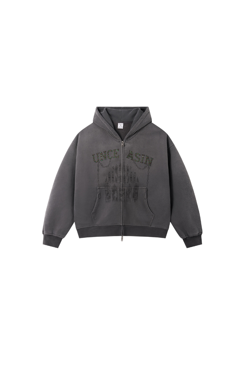 Men Fall Clothing Rhinestone Washed Boxy Zip Hoodie