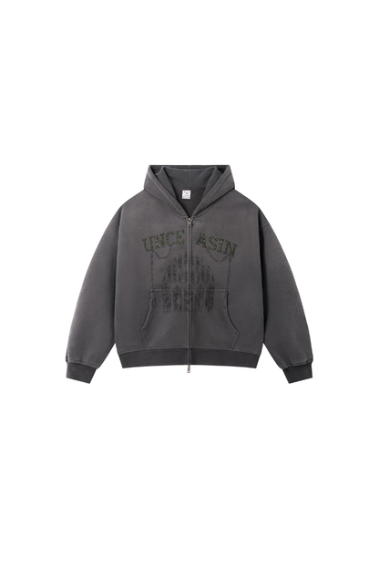 Men Fall Clothing Rhinestone Washed Boxy Zip Hoodie