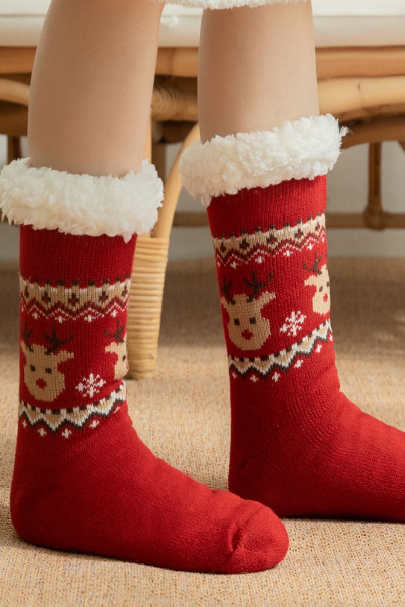 Women Winter Christmas Fleece Cuff Non Slip Slipper Socks