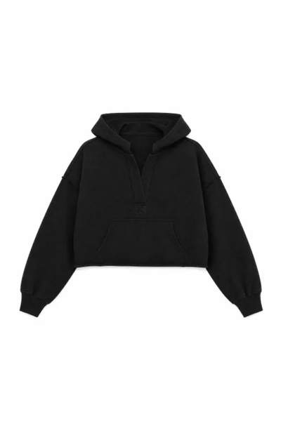 Women Spring Raw Edge V Neck Cropped Pullover Hoodie