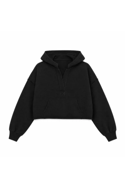 Women Spring Raw Edge V Neck Cropped Pullover Hoodie