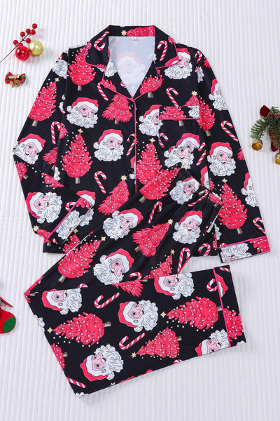 Women's Christmas Pink Striped Open Collar Pajama Set