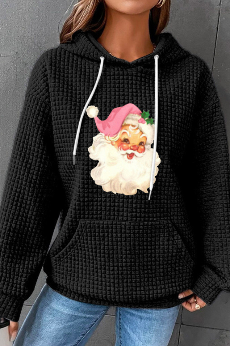 Women Winter Christmas Santa Waffle Knit Pullover Hoodie
