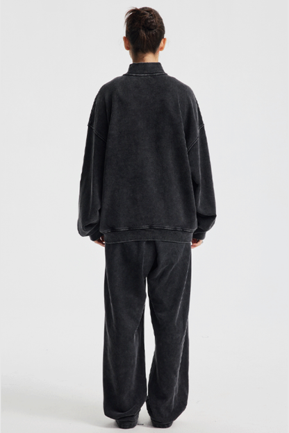 Women's Cotton Streetwear Set:Stand Collar Jacket And Wide-Leg Pant