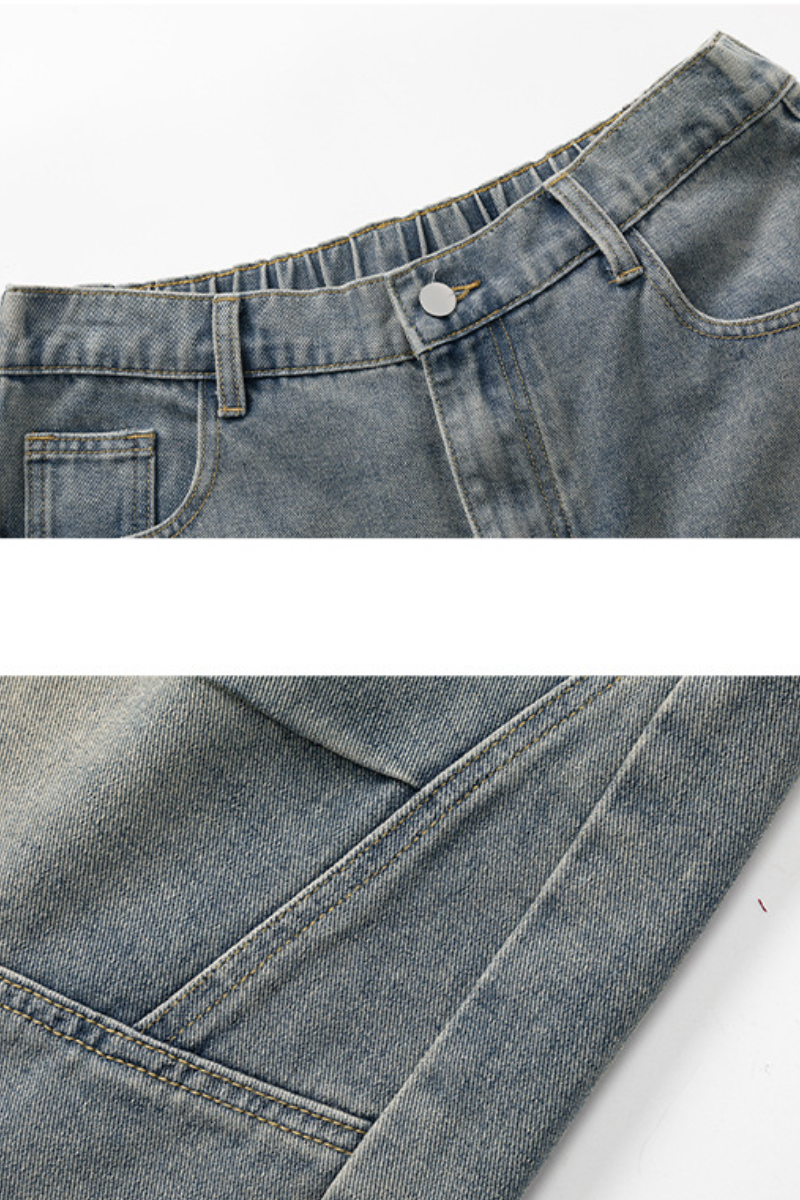 Men's Summer Retro Washed Pleated Cut Loose 5" Denim Shorts