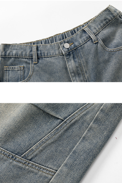 Men's Summer Retro Washed Pleated Cut Loose 5" Denim Shorts