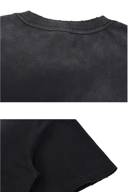 Men's Summer 260g Retro Washed Rivet Distressed Fade Tee