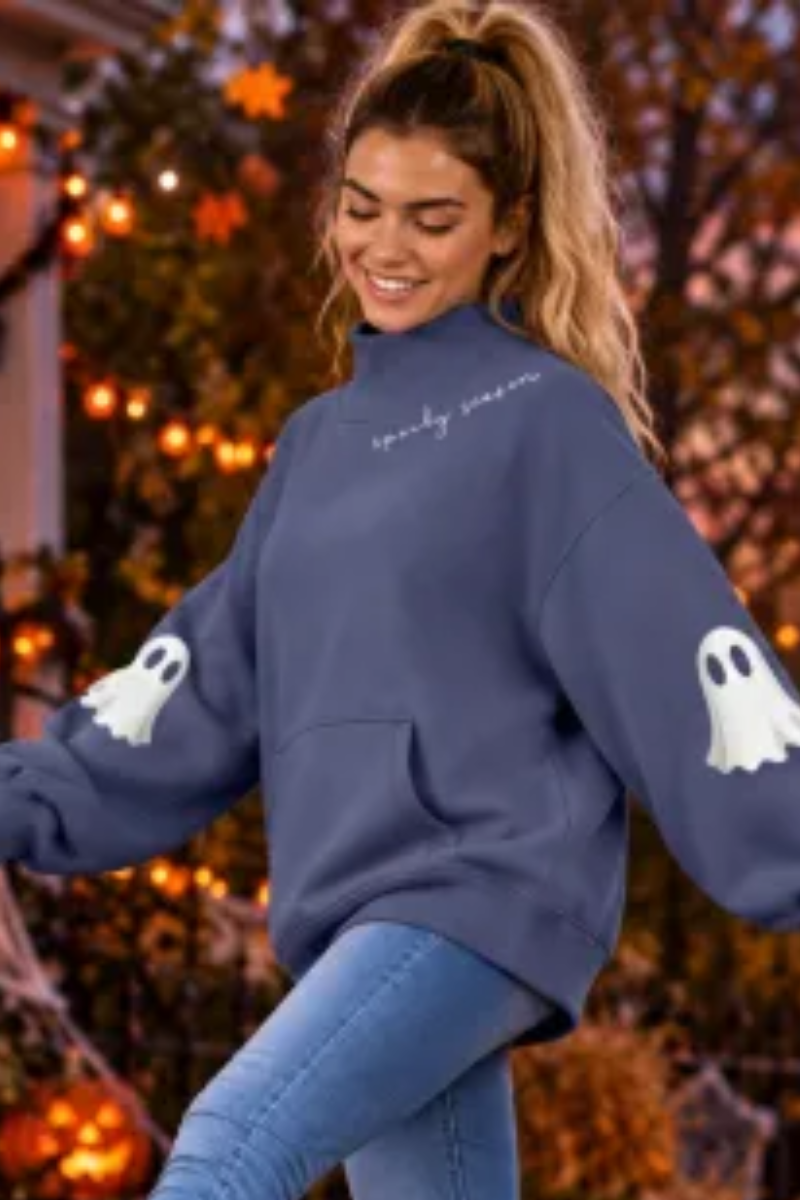 Women Fall Clothing Halloween Ghost Mock Neck Sweatshirt