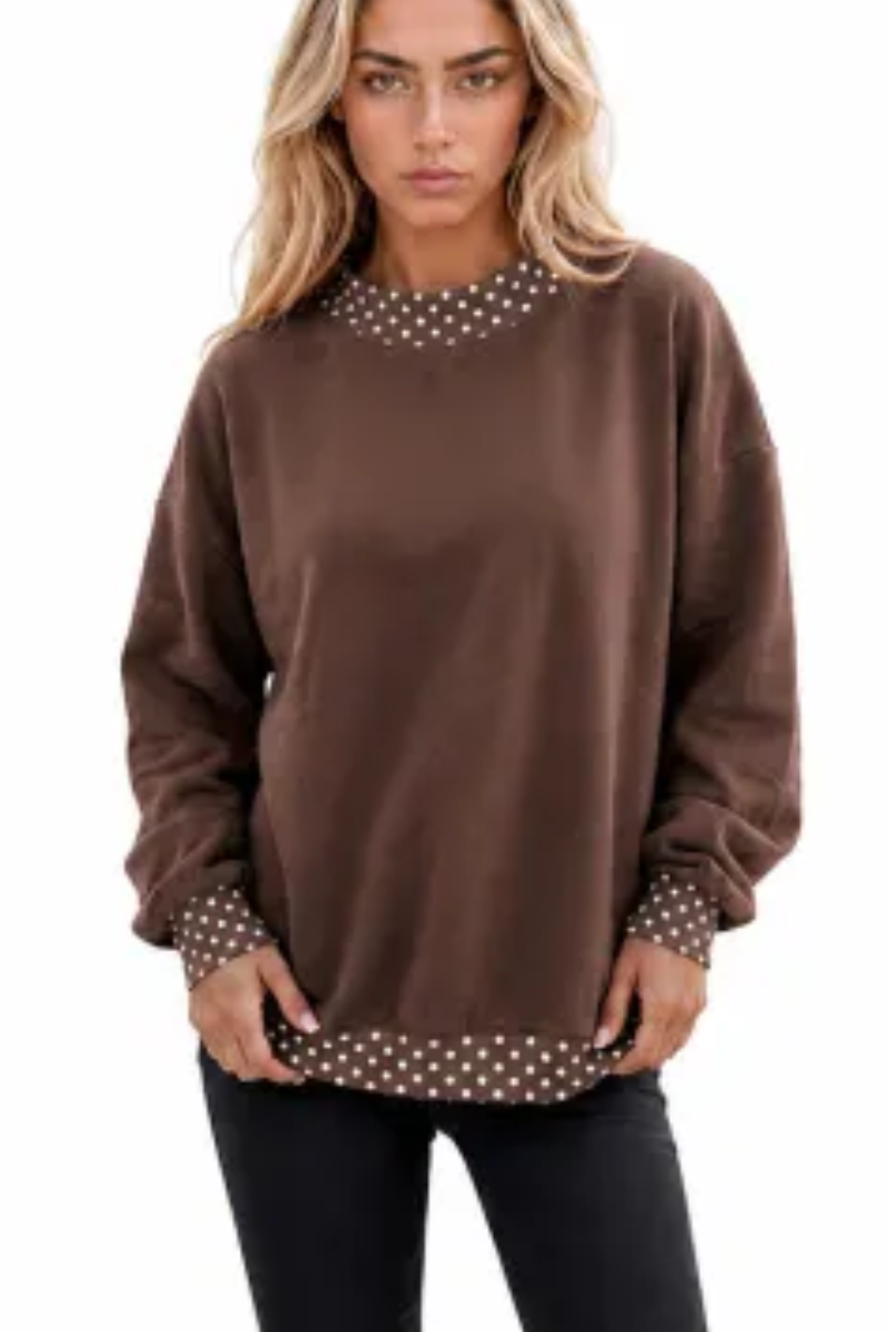 Women Fall Polka Dot Contrast Mock Neck Sweatshirt