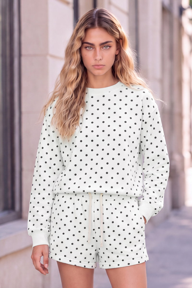 Women All Season Cozy Polka Dot Relaxed 2-Piece Shorts Set