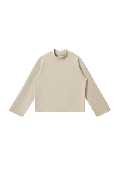 Women Fall Clothing Boxy Frayed Hem Mock Neck Long Top