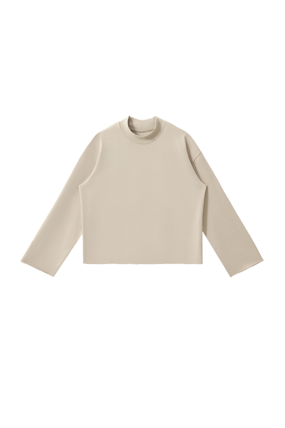 Women Fall Boxy Frayed Hem Mock Neck Long Sleeve Top
