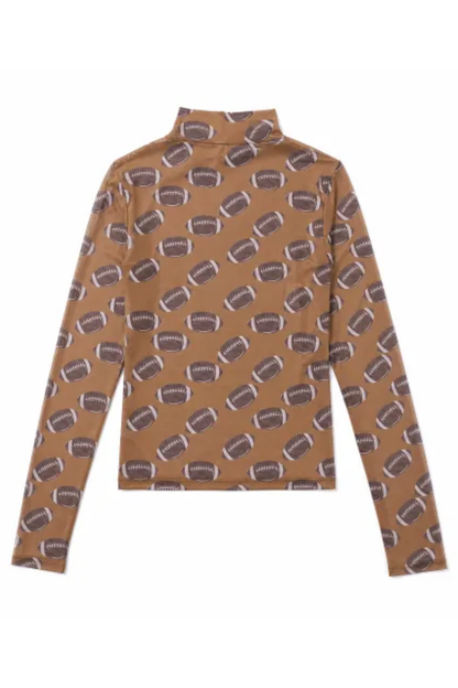 Women Spring Football Print Sheer Mesh Mock Neck Top