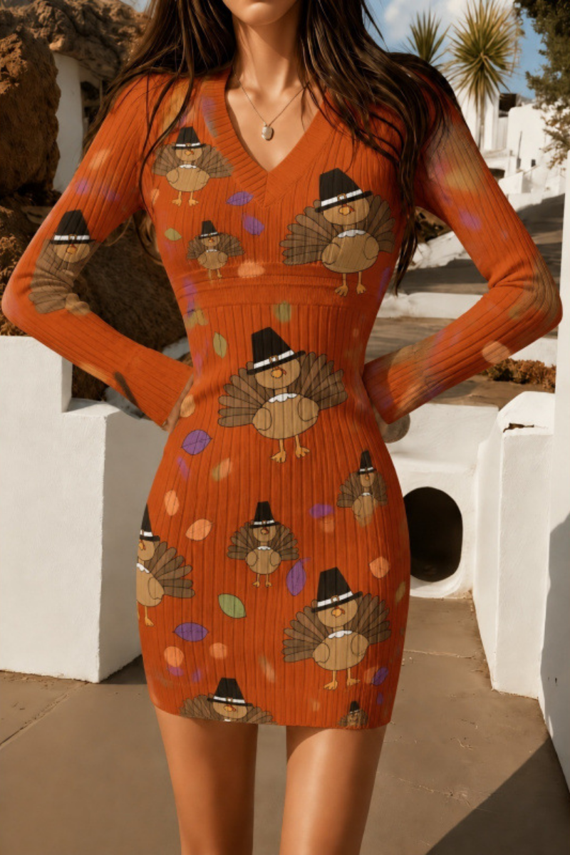 Women Fall Halloween Pumpkin Ribbed Bodycon Mini Dress