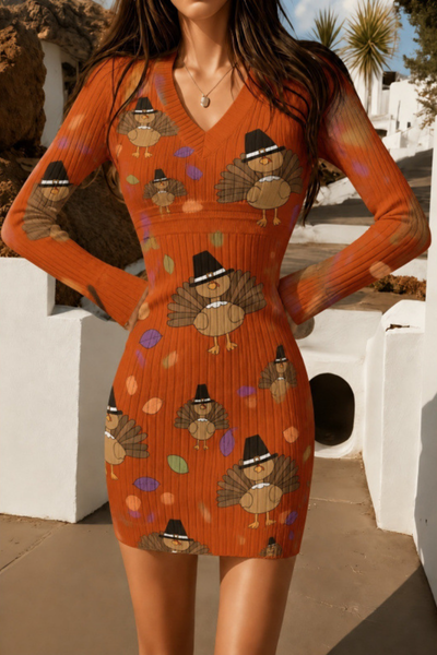 Women Fall Clothing Halloween Pumpkin Ribbed Bodycon Dress