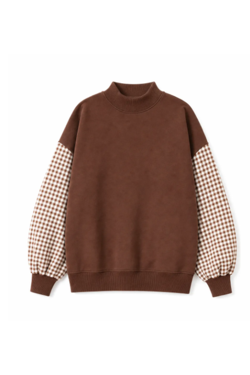 Women Fall Gingham Sleeve Mock Neck Oversized Sweatshirt