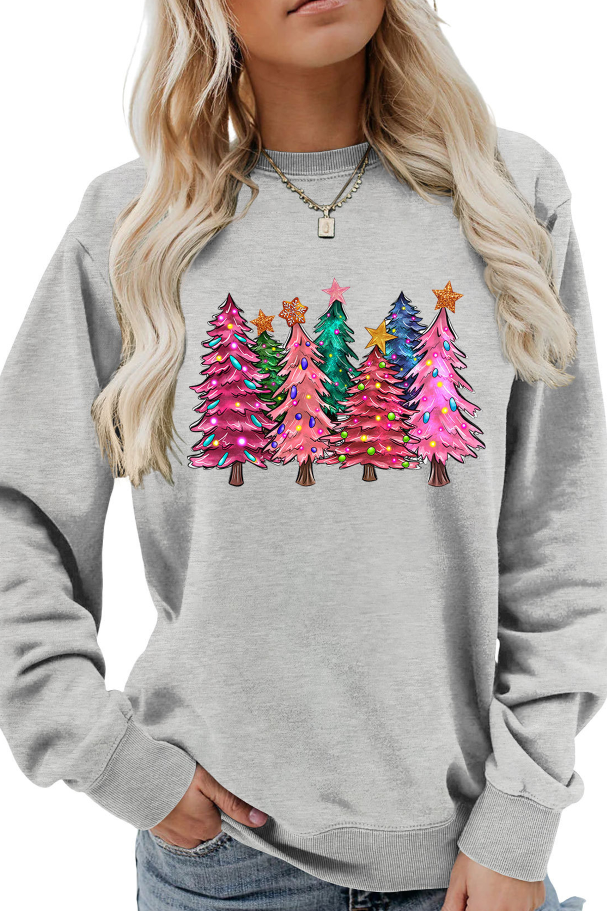 Women's Fall Christmas Tree Graphic Print Crew Sweatshirt